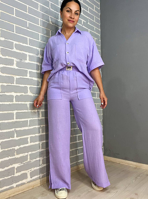 Костюм жіночий Mix Ray 4157 сорочка оверсайз брюки з розрізами побоках рівні від стегна бузковий, бузковий, M Київ - фото 8