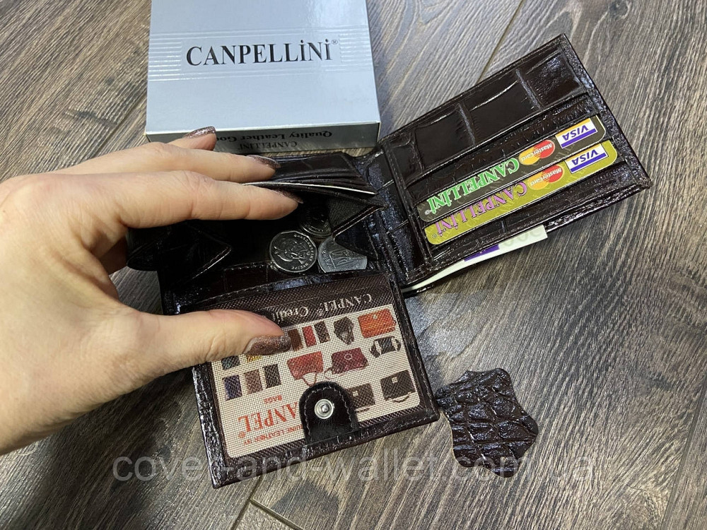 Маленький чоловічий гаманець із натуральної шкіри коричневого кольору під крокодила Сanpellini Київ - фото 8