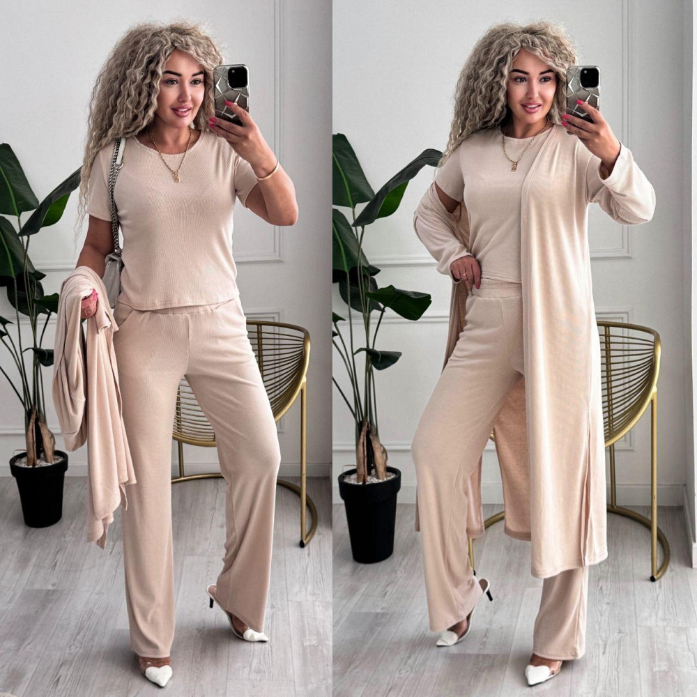 Женский базовый прогулочный костюм тройка: кардиган футболка и штаны трикотажный рубчик Кремовый, 42/44 Одесса - изображение 9