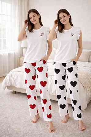 Женская принтованная пижама двойка с сердечками трикотаж Красный, L Одесса