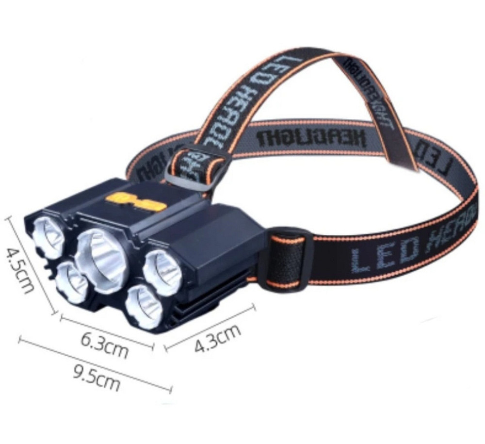 Налобный фонарик на аккумуляторе 5 led с зарядкой USB 4 режима черный Киев - изображение 9
