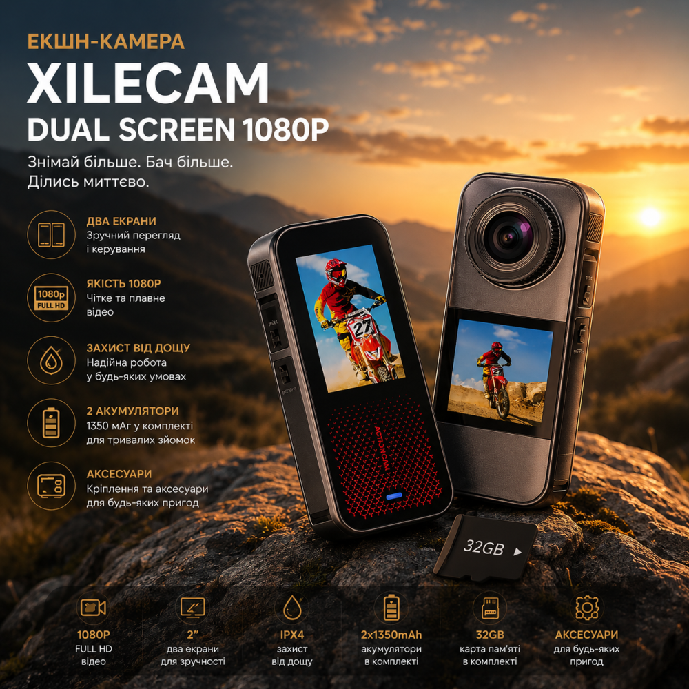 Экшн-камера Xilecam Dual Screen 1080p: два экрана, защита от дождя, 2 АКБ по 1350 мАч + карта 32 ГБ и аксессуары Киев - изображение 8