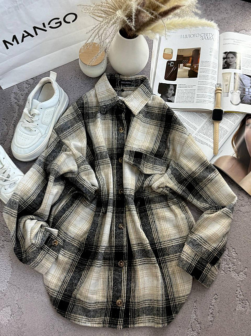 Жіноча тепла оверсайз сорочка в клітинку на ґудзиках кашемір Чорний Одеса - фото 3