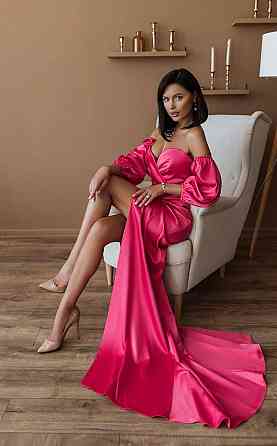 Женское роскошное вечернее платье со шлейфом и съемными рукавами из королевского атласа Розовый, M Одесса