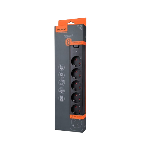 Мережевий подовжувач із заземленням 6 розеток 3м з кнопкою чорний VF-PD63G-B Oncord Videx Житомир - изображение 2
