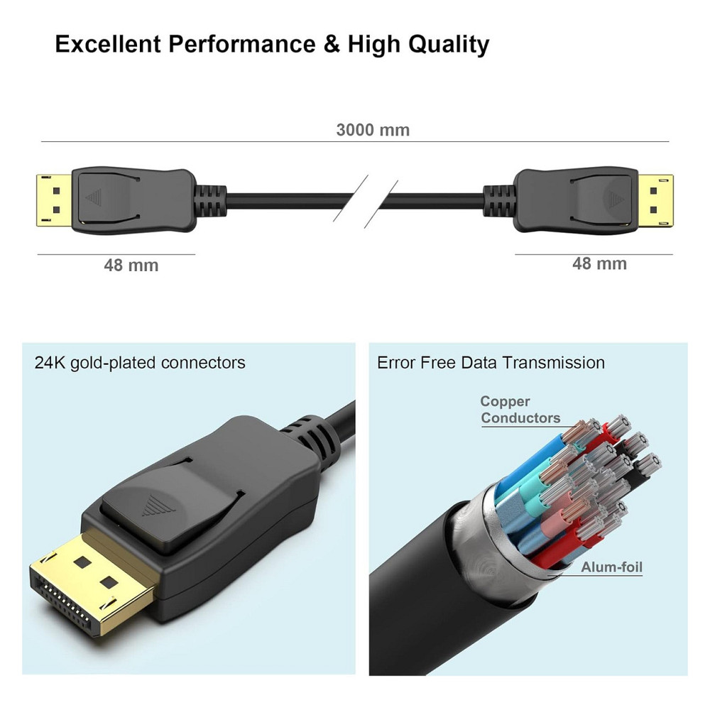Кабель DisplayPort шнур BENFEI DP to DP 3 м 4K 60 Гц 2K 165 Гц черный с фиксацией поддержка аудио 7.1 Киев - изображение 4