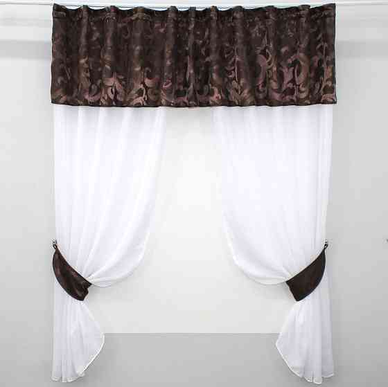 Кухонный комплект VR-Textil № 084к шторки с ламбрекеном белый с коричневым 270х170 см (52-0617) Киев