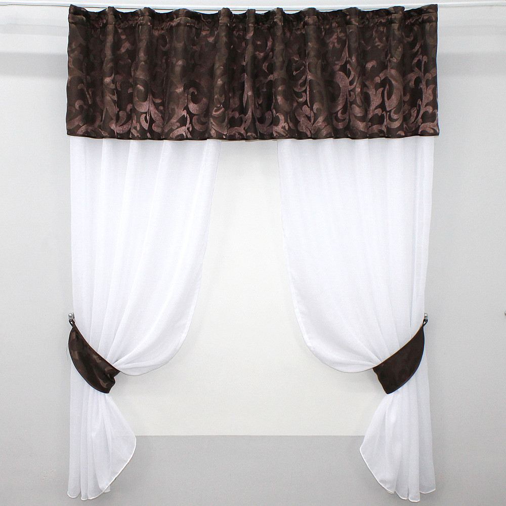 Кухонный комплект VR-Textil № 084к шторки с ламбрекеном белый с коричневым 270х170 см (52-0617) Киев - изображение 1