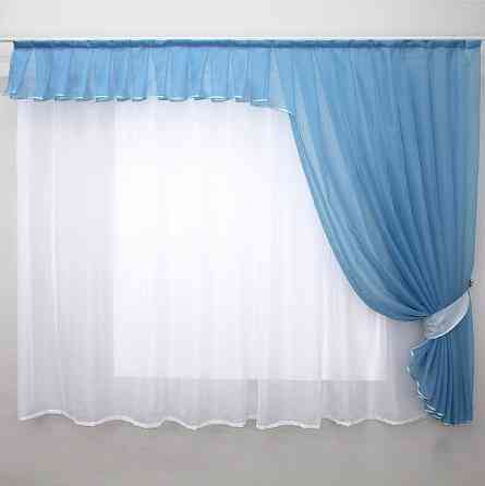 Кухонный комплект (200х170см) шторка с ламбрекеном и тюлю цвет голубой с белым 00к 59-421 Киев