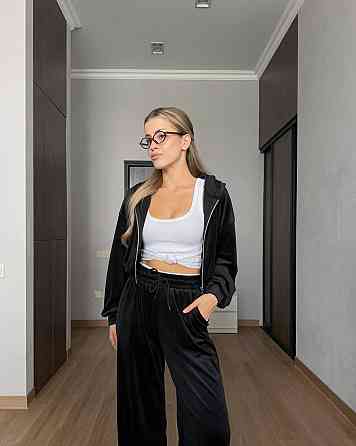 Женский прогулочный костюм двойка: кофта и штаны велюр спорт Черный, 44/46 Одесса