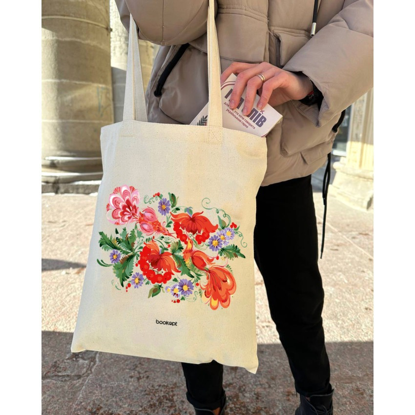 Екошопер BookOpt BK4002 Петриківський розпис Червоні квіти бежевий Київ - фото 7