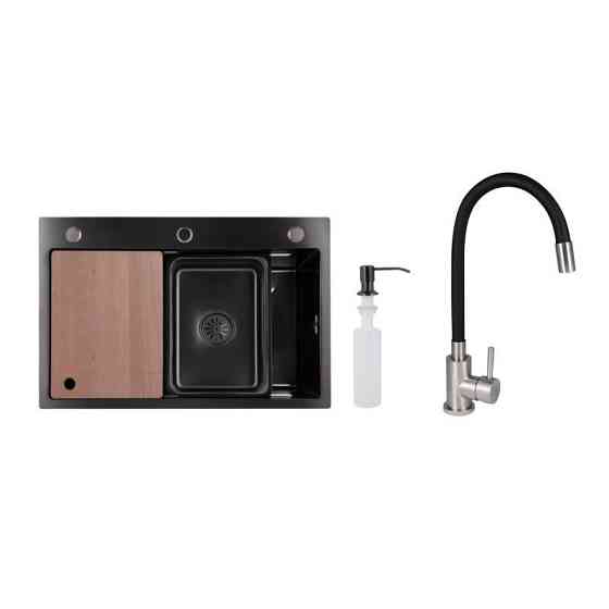 Акційний набір Lidz: мийка H6845 Décor Black 3,0/1,0 мм + Змішувач Aria для кухні з гнучким виливом (k35) Black Київ