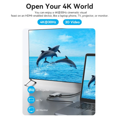 Концентратор Vention USB 3.1 Type-C to HDMI/USB 3.0x3/SD/TF/PD 100W 7-in-1 (TOPHB) Вінниця - фото 12