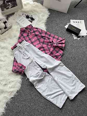 Женский повседневный костюм двойка: рубашка в клетку и штаны фланель + двунитка. Розовый 2, 48/52 Одесса