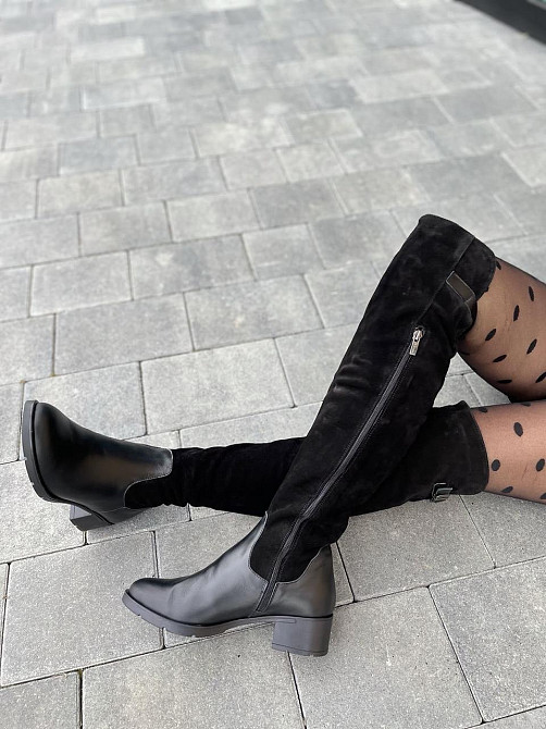 Vesna Ботфорти жіночі VESNA чорні шкіра+замша натуральна висота 53 см обхват гомілки 35-37 см ( Коломия - фото 1