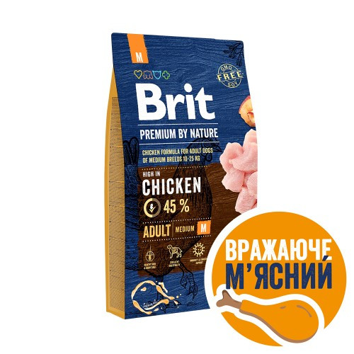 Корм сухий Brit Premium Dog Adult M для дорослих собак середніх порід вагою 10-25 кг з куркою 8 кг Київ - фото 1