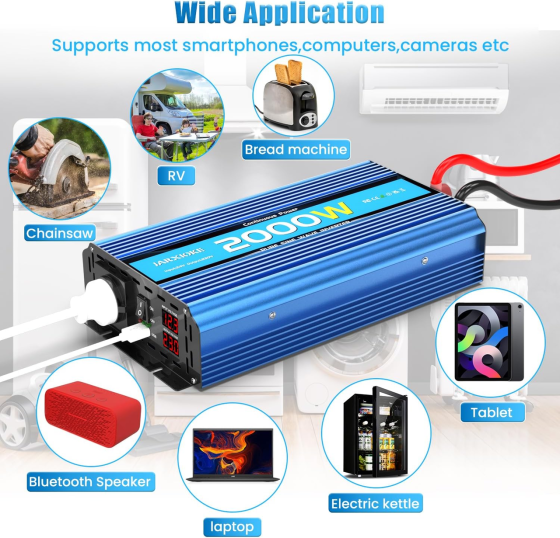 Инвертор 2200W с чистой синусоидой 2000W, преобразователь напряжения 12В - 230В с 2 розетками переменного тока, USB портами Киев