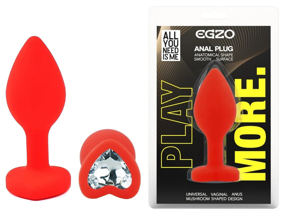 Анальная пробка EGZO Red Heart Plug S из силикона с кристаллом-сердцем, красная, 7,1 см Sex Aura Киев - изображение 1