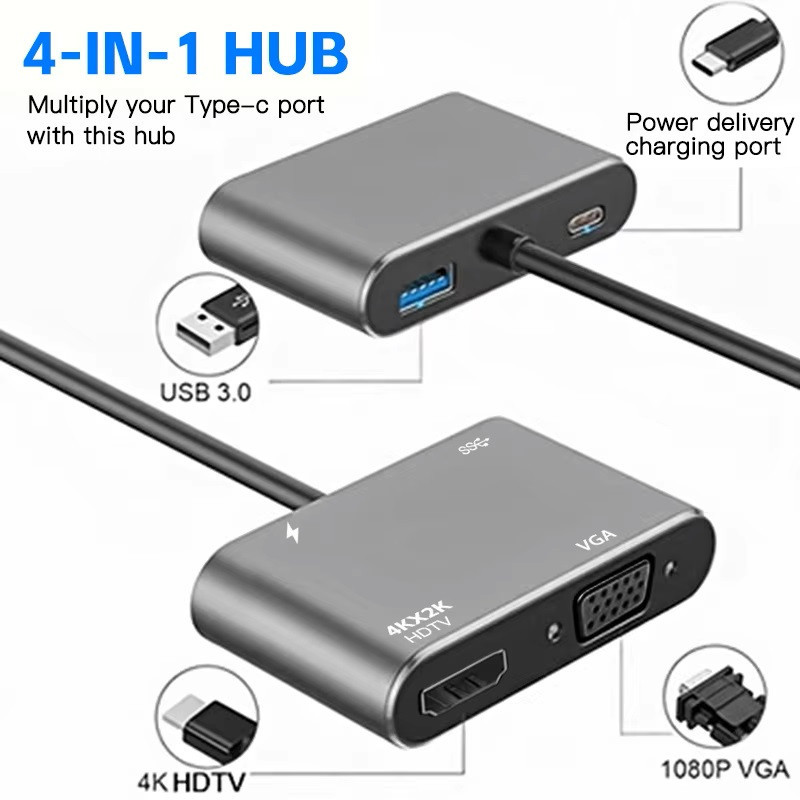 Концентратор Type-C 4 в 1, адаптер type-c 3.0 до 4K HDMI HDTV, VGA USB 3.0 PD, розгалужувач швидкої зарядки Запоріжжя - фото 6