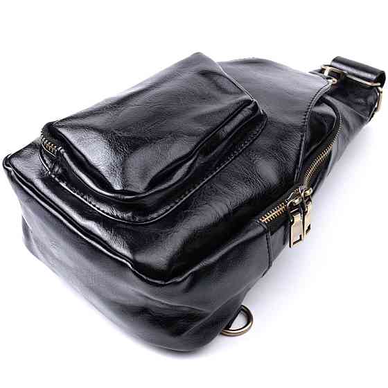 Практична жіноча сумка з екошкіри з акцентом на текстильну лямку Vintage 22776 Чорний Київ