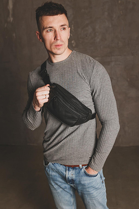 Чоловіча сумка-бананка на пояс з натуральної шкіри SL007 (Чорна) Суми - фото 9