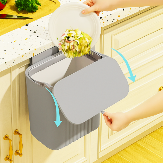 Ведро с крышкой для мусора кухонное, контейнер для отходов навесной на дверь,пластиковое,цвет серый Каменец-Подольский