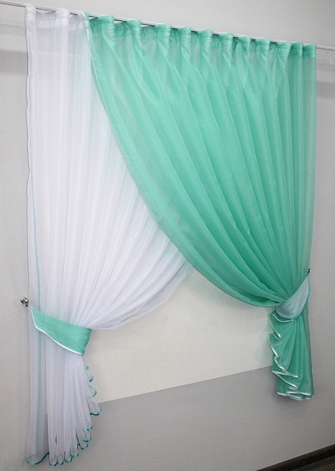 Кухонні шторки VR-Textil № 060к "Дует" з підв'язками бірюзовий з білим 330х170 см (50-323) Київ - фото 2