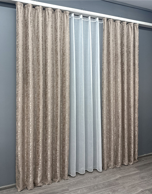 Комплект штор VR-Textil Лен Мрамор 100х270 2шт и Тюль 400х270 1717ш-1276т Серо-бежевый с белым 71-013/2 Киев - изображение 3