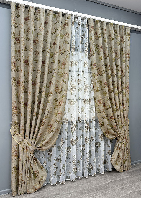 Комплект штор VR-Textil Льон Прованс 200х270 2шт і Тюль 500х270 2080ш-1267т Коричневий з білим 71-205/6 Київ - фото 2