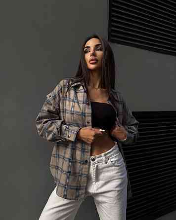 Жіноча повсякденна сорочка в клітинку турецька фланель беж-блакитний Одеса