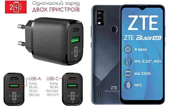 Сетевое зарядное устройство для ZTE Blade A51, Blade A51 Lite, 20W 3A, Quick Charge 3.0 Киев
