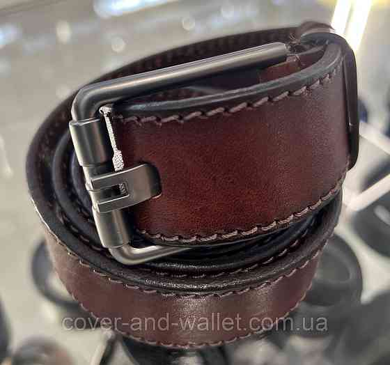 Універсальний чоловічий ремінь з коричневої шкіри із оригінальною пряжкою 40 мм PS Leather Київ