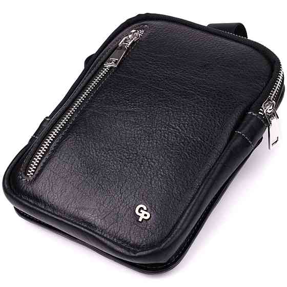 Чоловіча прямокутна сумка бананка із зернистої натуральної шкіри GRANDE PELLE 22879 Чорний Київ