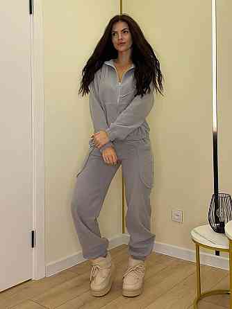 Женский теплый костюм двойка: худи и штаны двусторонний полар флис Серый, 44/48 Одесса