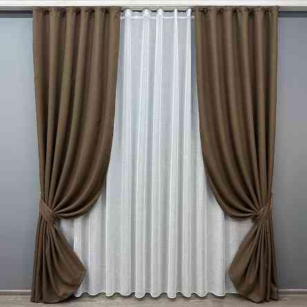 Комплект штор VR-Textil Лен Мешковина 150х270 2шт и Тюль 400х270 277ш-115т Коричневый с белым 71-015/3 Киев