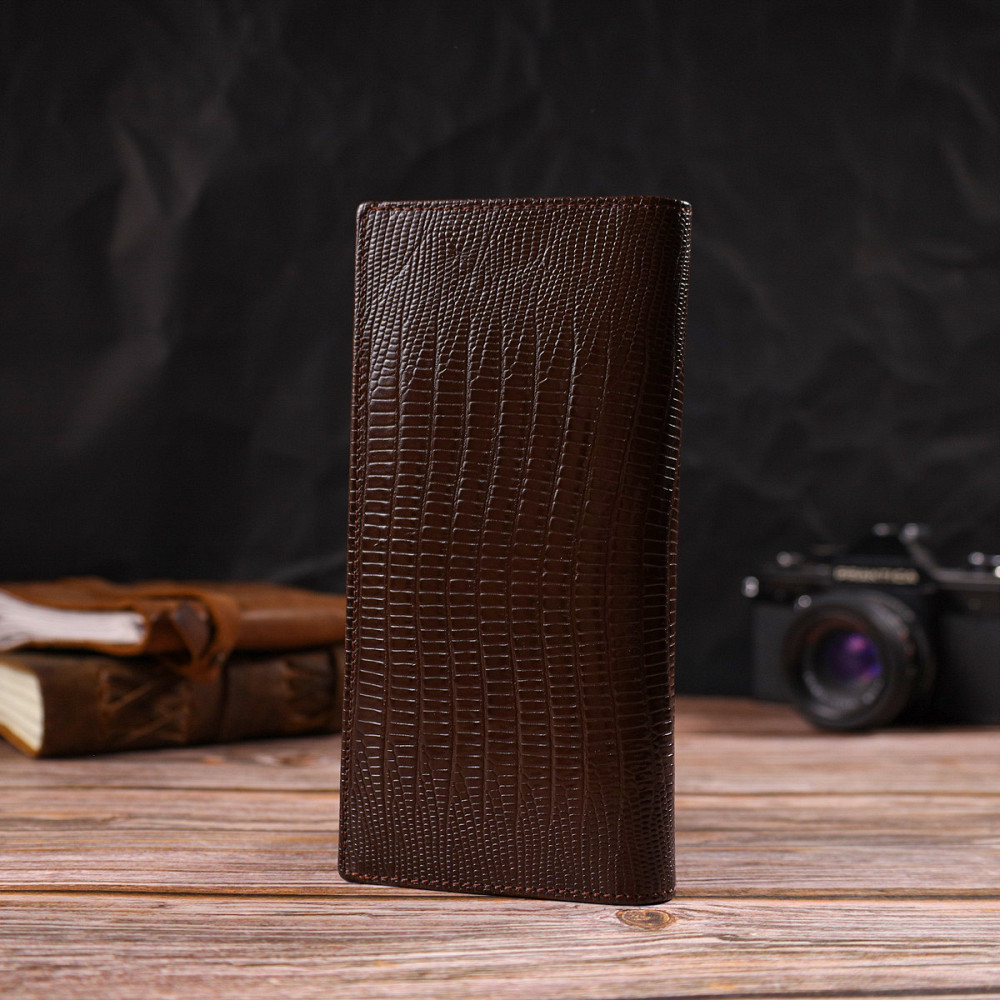 Фактурный мужской вертикальный бумажник без застежки из натуральной кожи с тиснением Коричневый (CANPELLINI) Киев - изображение 3