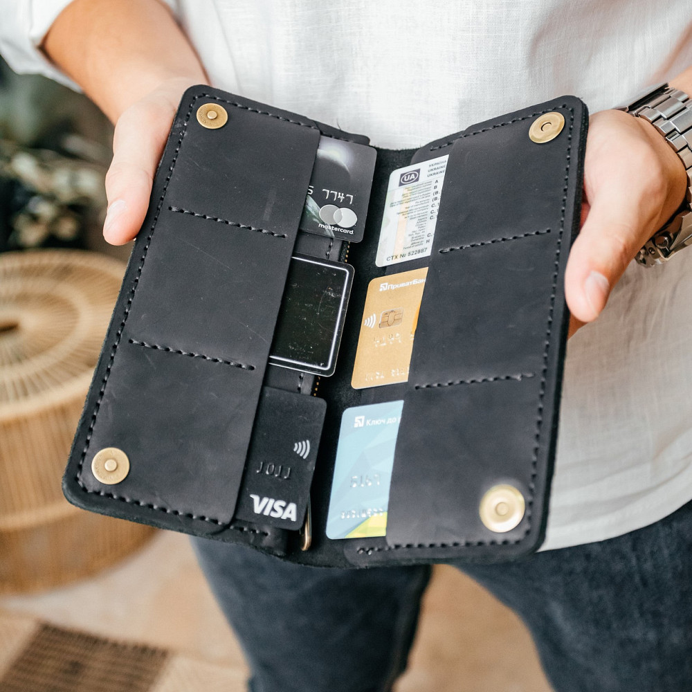 Чоловічий гаманець із натуральної шкіри Crazy Horse, місткий гаманець на кнопках, чорнийMasterSem Київ - фото 3