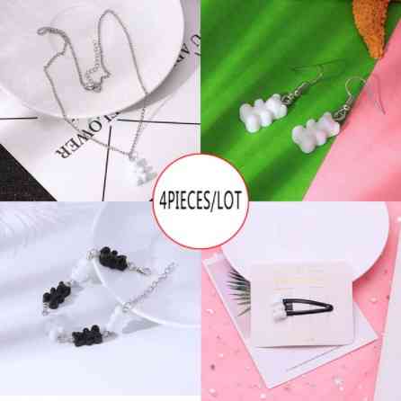 Бижутерия мишки (набор), черный + белый - в набор входит браслет, кулон, серьги, заколка, материал смола Киев