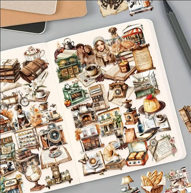 Набір вінтажних стікерів Кавʼярня та Подорожі – 50 шт Київ - фото 2