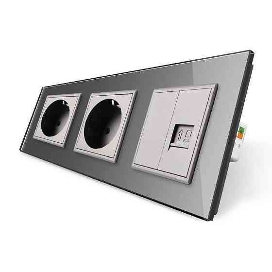 Розетка тримісна комбінована Силова Інтернет Livolo сірий скло (VL-C7C2EU1CK0-15) Коломыя