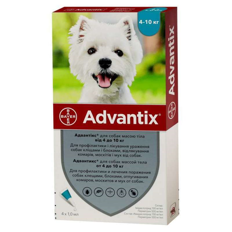 Краплі для собак 4-10 кг проти бліх і кліщів Bayer Elanco Advantix (Байєр Адвантис) 4 піпетки по 1 мл Запоріжжя - фото 1