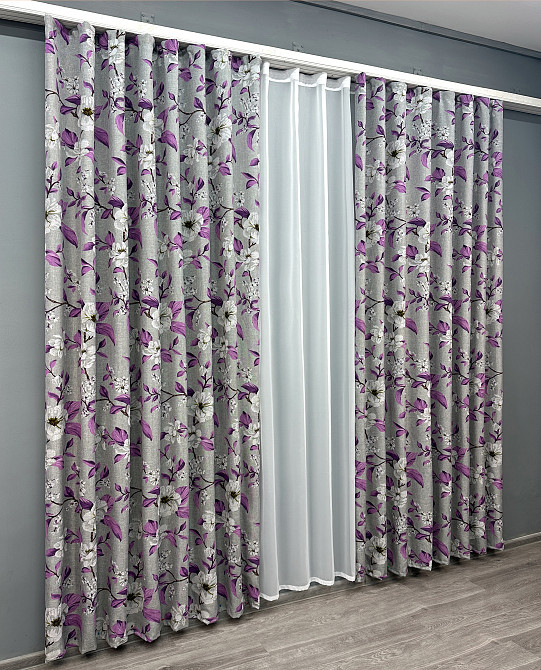 Комплект готовых штор VR-Textil Лен с цветочным принтом «Прованс» № 1820ш Серый с фиолетовым 150х265 см 2 шт (33-0806) Киев - изображение 4