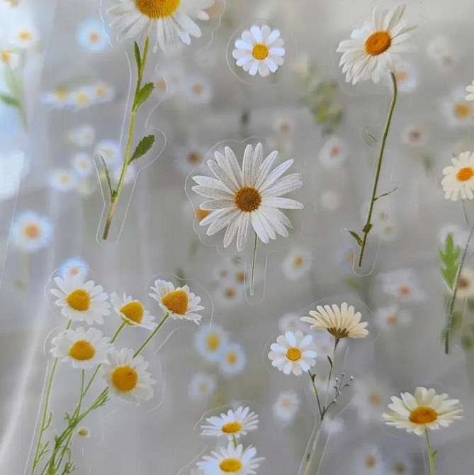 Глянцеві наклейки з квітами ромашки, 6 листів, самоклеючі ПВХ-стікери з блискучим покриттям для скра Київ - фото 3