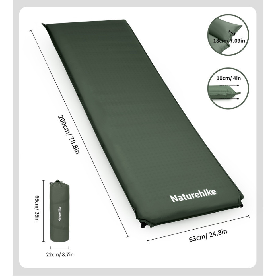 Коврик самонадувающийся одноместный Naturehike CNK2450WS020, 100 мм, темно-зеленый Киев - изображение 2