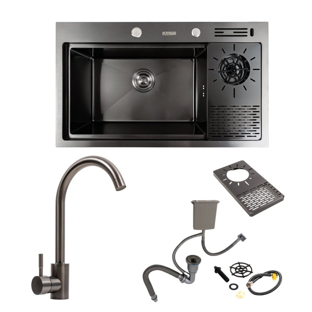 Кухонна мийка PVD 78*46 чорна Platinum Handmade з кухонним змішувачем + дозатор та коландер Коломыя - изображение 1