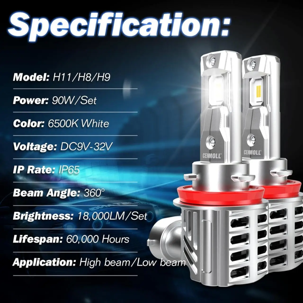 Світлодіодна лампа для фар Cenmoll H11, 90 Вт 18000LM 500% Яскравість 360-градусна підсвітка H8 H9 H11 Київ - фото 7