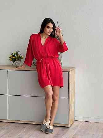 Халат женский шелк под пояс длина 90см Красный XS/S Харьков