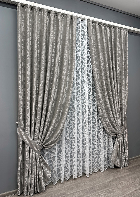 Комплект штор VR-Textil Жакард Вензель 150х270 2шт і Тюль 400х270 293ш-1147т Сірий з білим 71-098/3 Київ - фото 2