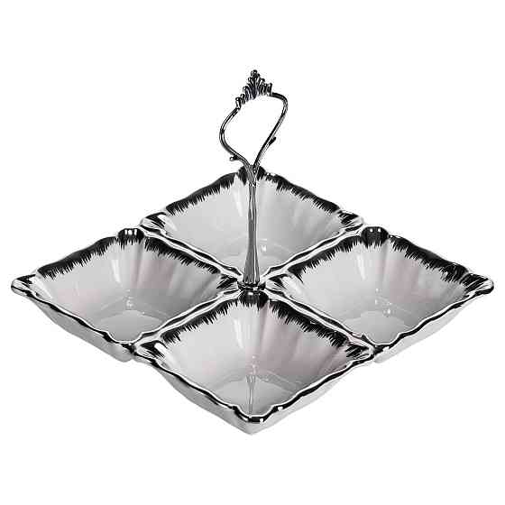 Менажниця порцелянова на 4 секції для закусок 18×18×3 (см) з ручкою Білий з сріблом LC-BYL-100-S Коломия