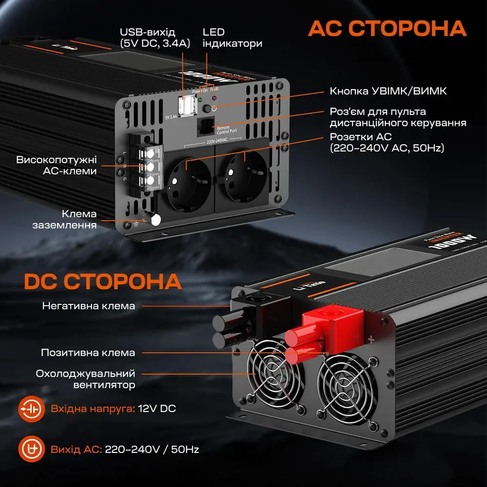 Автономний однофазний інвертор 1kW/12V LiTime L12V1KW-EN-D (44-00526) Киев - изображение 2
